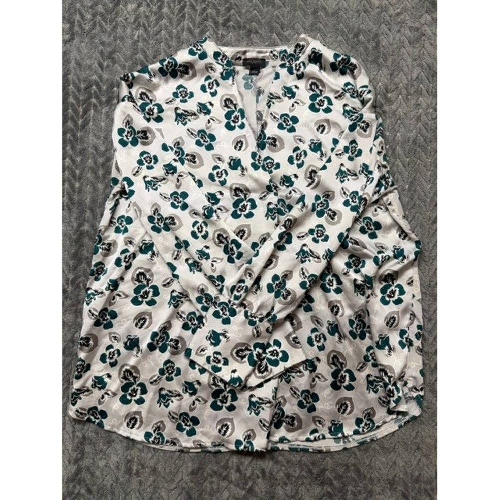 Ann Taylor Factory Womens Teal Floral V-Neck Long Sleeve Blouse Large 0629